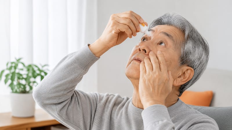 An elderly patient applying eye drops