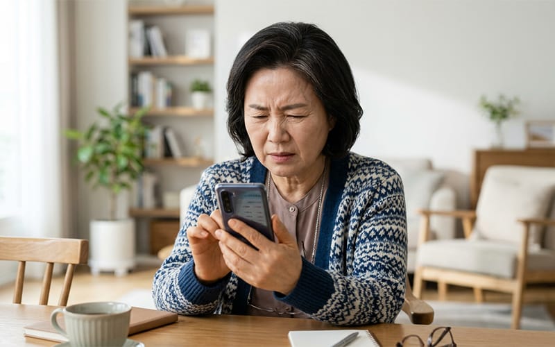 An elderly patient squinting while looking at a smartphone