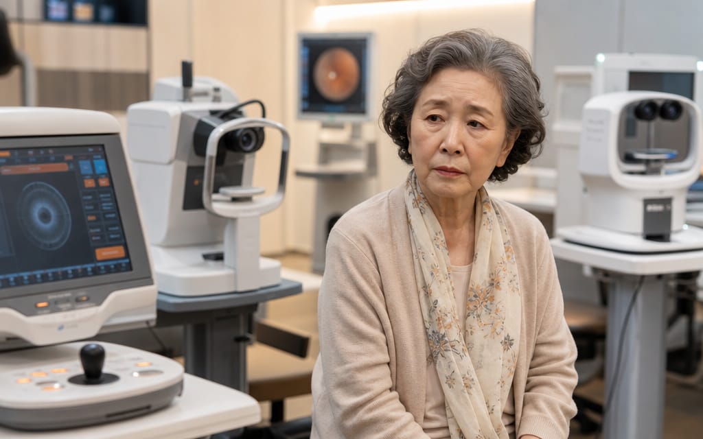 안과에서 반복되는 검사로 인해 지쳐있는 고령 환자