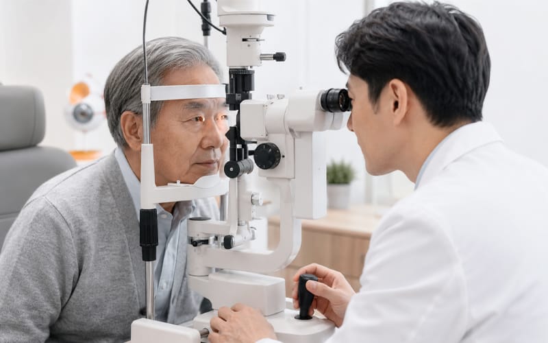 안과에서 검사 기기로 의료진에게 눈 검사를 받고 있는 고령 환자