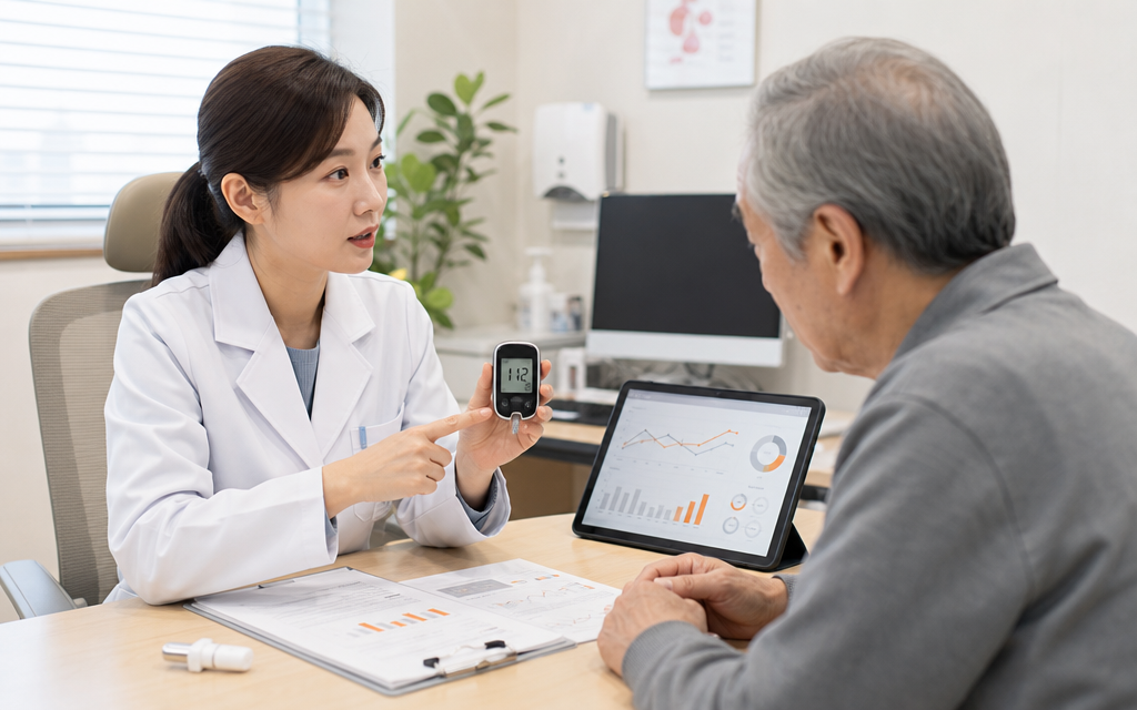 Medical staff explaining to a patient by comparing current blood glucose readings with past checkup results