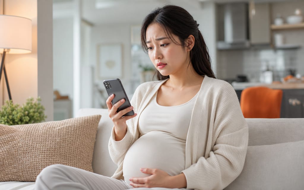 스마트폰으로 임신성 당뇨를 찾아보며 걱정하고 있는 2030 임산부