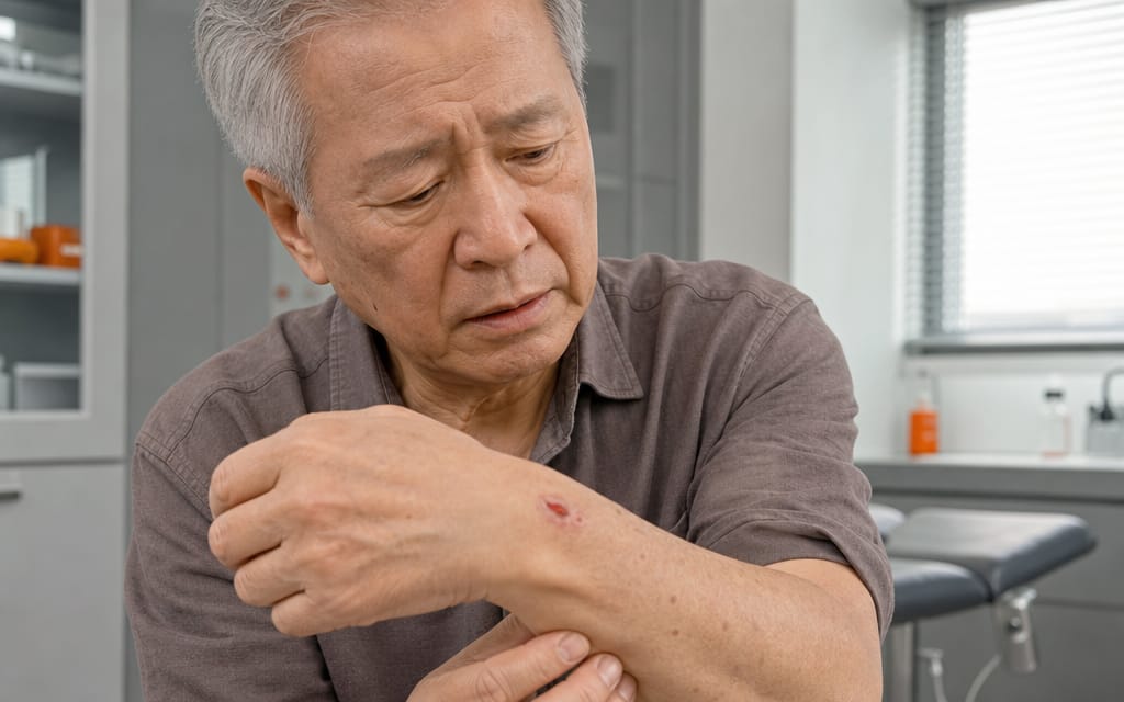 An elderly patient looking worried while examining a small wound on their hand or arm