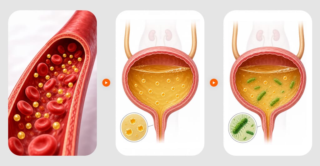 A medical illustration visualizing the process of diabetes leading to cystitis (bladder infection)