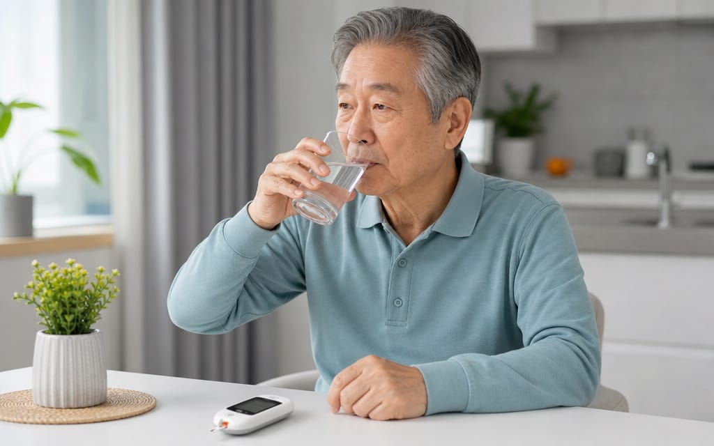 An elderly diabetic patient drinking plenty of water