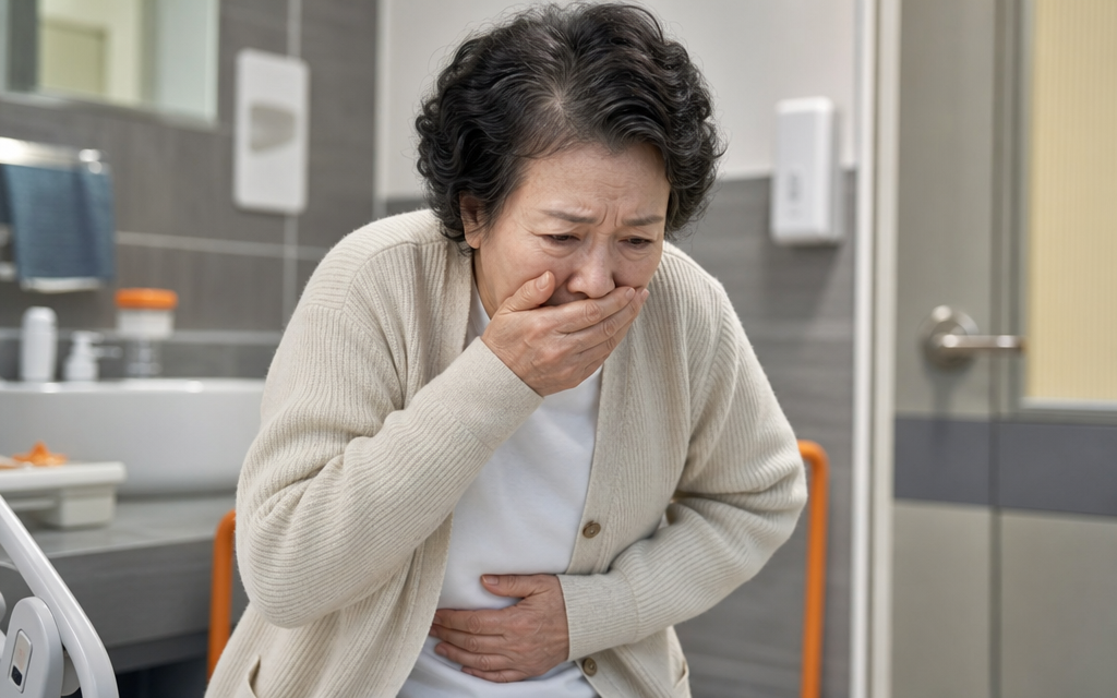 An elderly patient covering their mouth and feeling nauseous