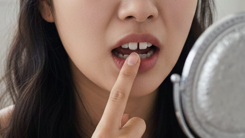A person looking at their gapped front teeth in a mirror with concern