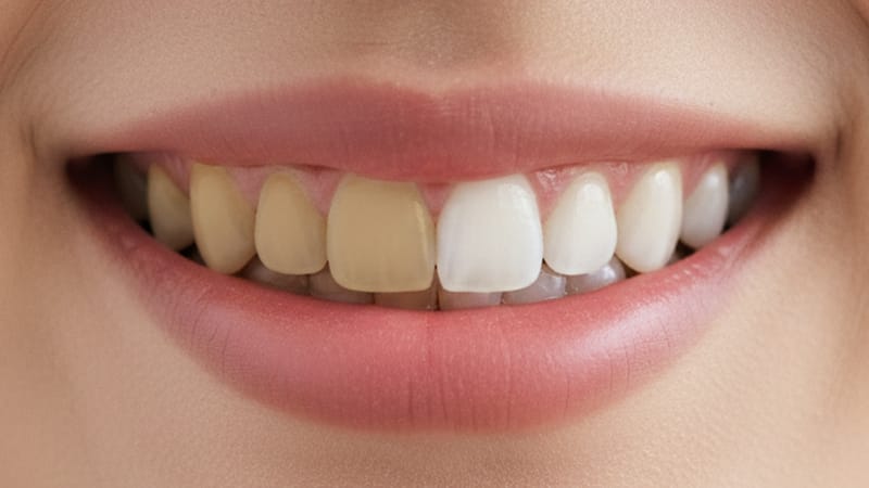 A before-and-after comparison image of no-prep (minimal prep) veneers