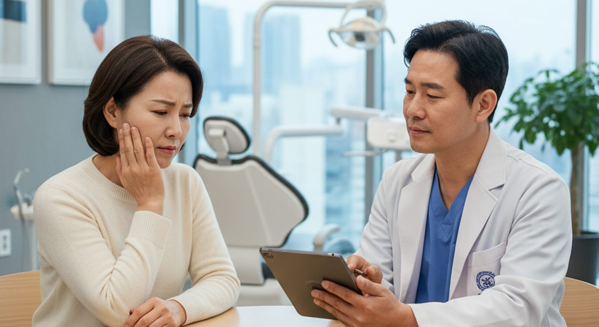 A patient with a worried expression sitting and consulting with the medical team