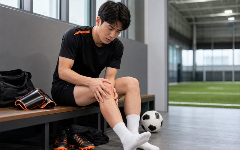 A young man in his 20s or 30s feeling dejected while sitting with a knee injury after playing soccer