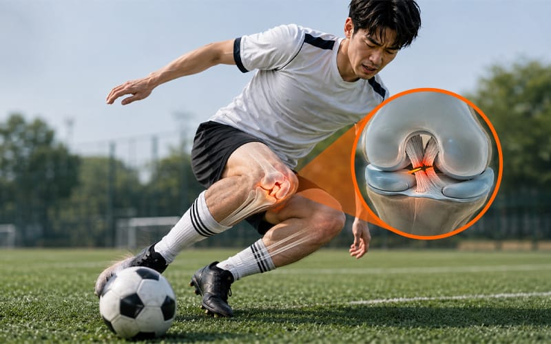 An illustration depicting a cruciate ligament tear occurring during a soccer match