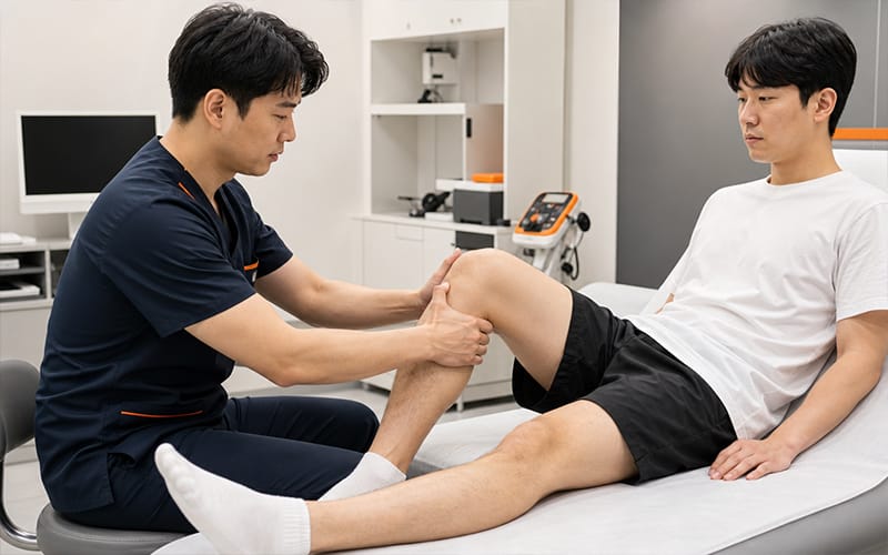 A doctor performing a physical exam by pulling the patient's calf to assess knee joint stability