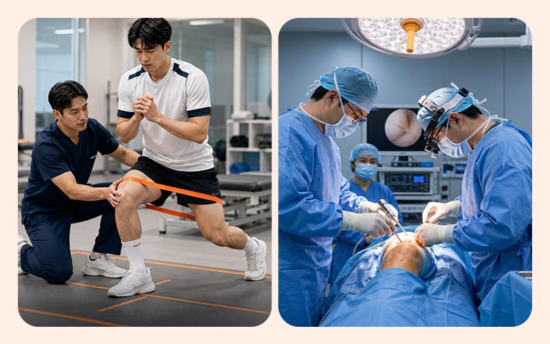 A visual comparison of two treatment paths for knee injury: physical rehabilitation versus surgery