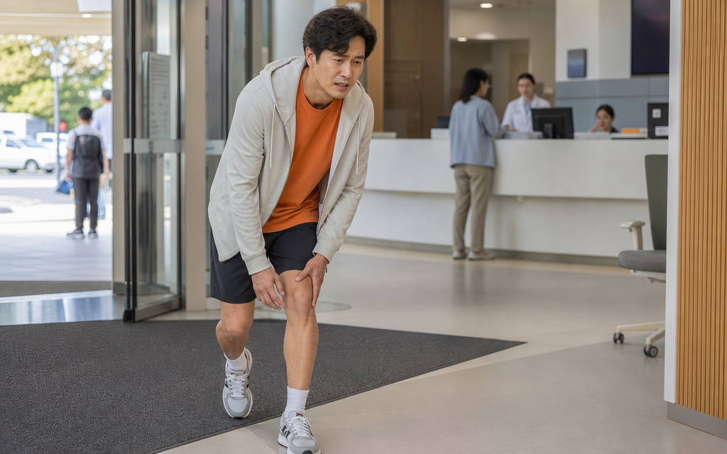 A patient limping into a hospital due to a knee injury