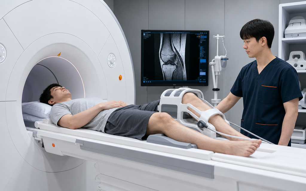 A patient undergoing a knee MRI scan for detailed evaluation of structural damage