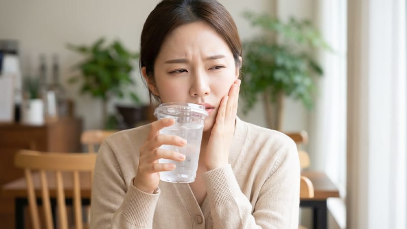 A young woman reacting with tooth sensitivity after drinking cold water