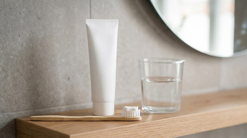 A toothbrush and desensitizing toothpaste displayed on a bathroom shelf