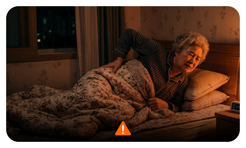 An elderly patient lying in bed at night, unable to sleep due to severe back pain