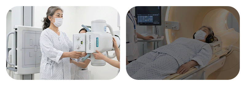 Visuals demonstrating both X-ray imaging and MRI diagnostic procedures for spinal assessment