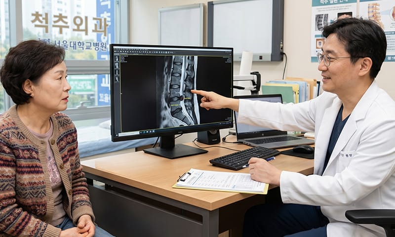 A physician reviewing a spinal MRI scan on a screen and explaining the results to a patient