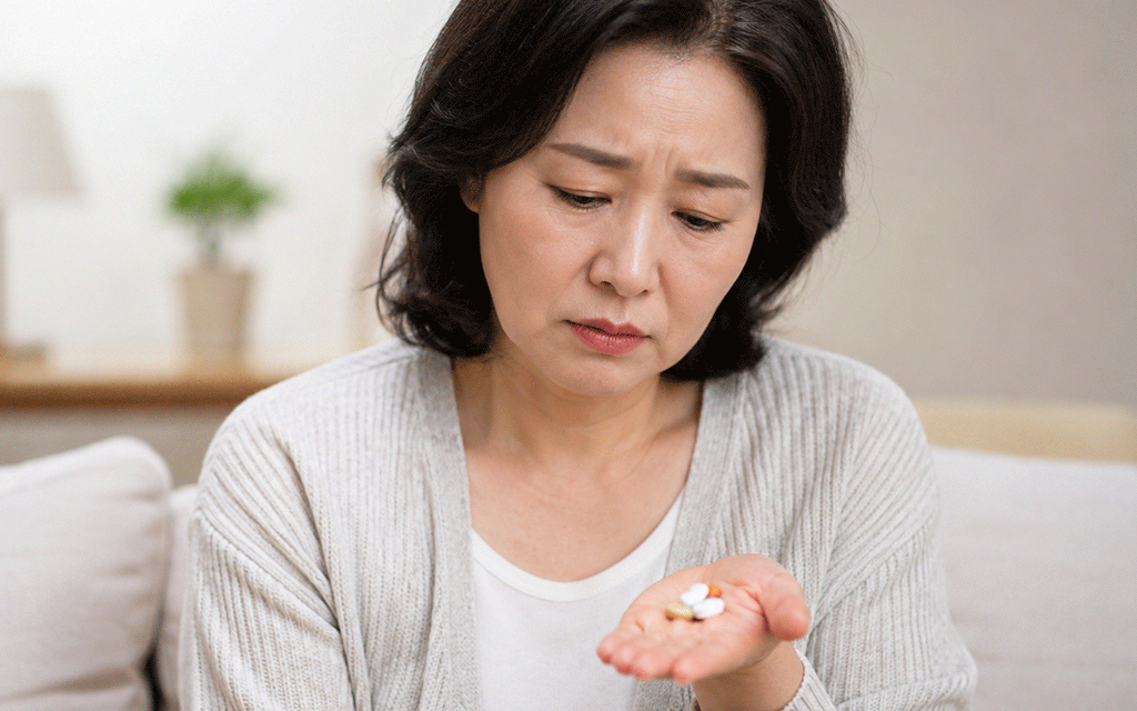 A middle-aged menopausal woman contemplating while holding medication in her hand