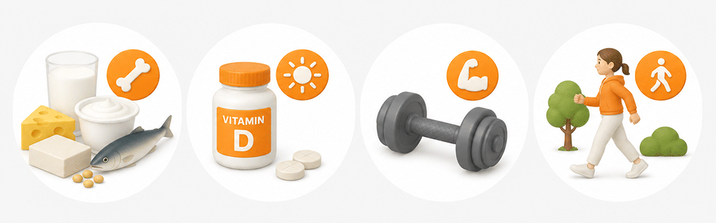 An infographic illustrating calcium intake, vitamin D, strength training, and lifestyle habits for postmenopausal bone health