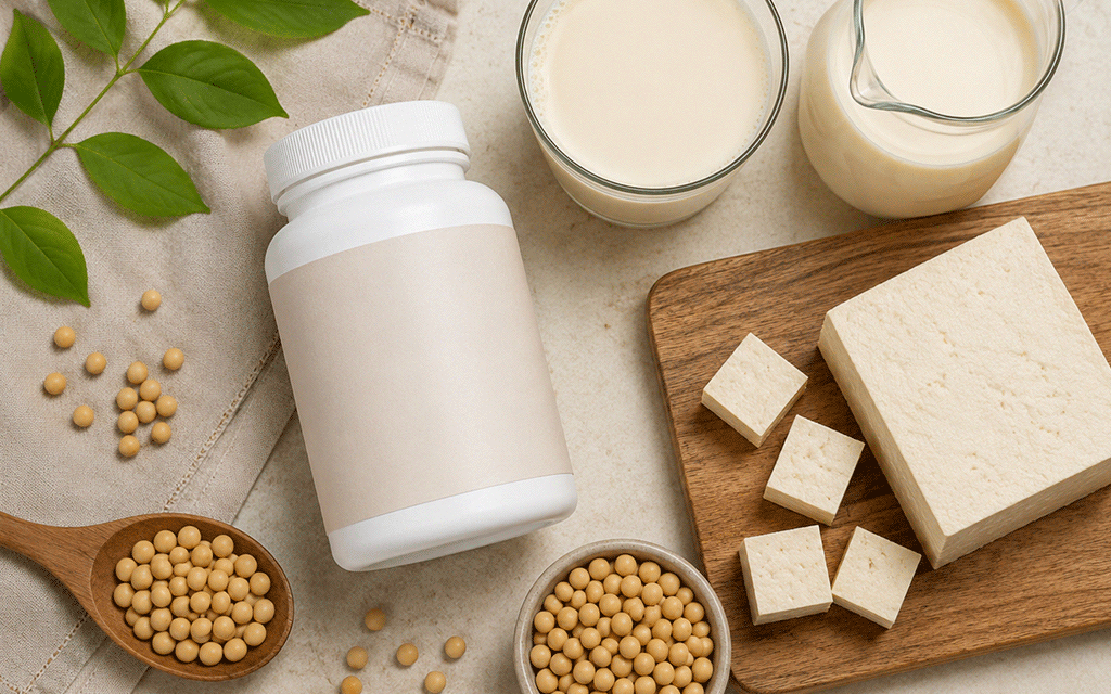 A still life of a soy isoflavone supplement bottle alongside tofu, soybeans, and soy milk on a dining table