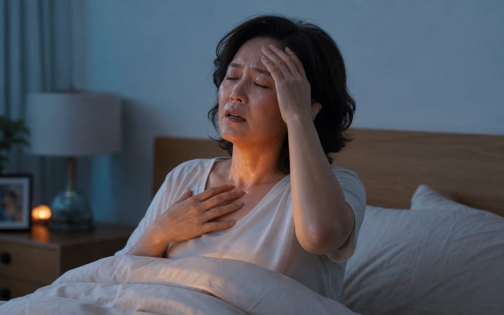 A middle-aged menopausal woman waking up in bed drenched in sweat