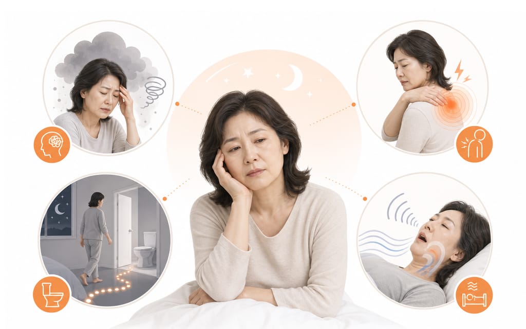 An infographic displaying accompanying factors of menopausal hot flashes: depression, body pain, nocturia, and snoring