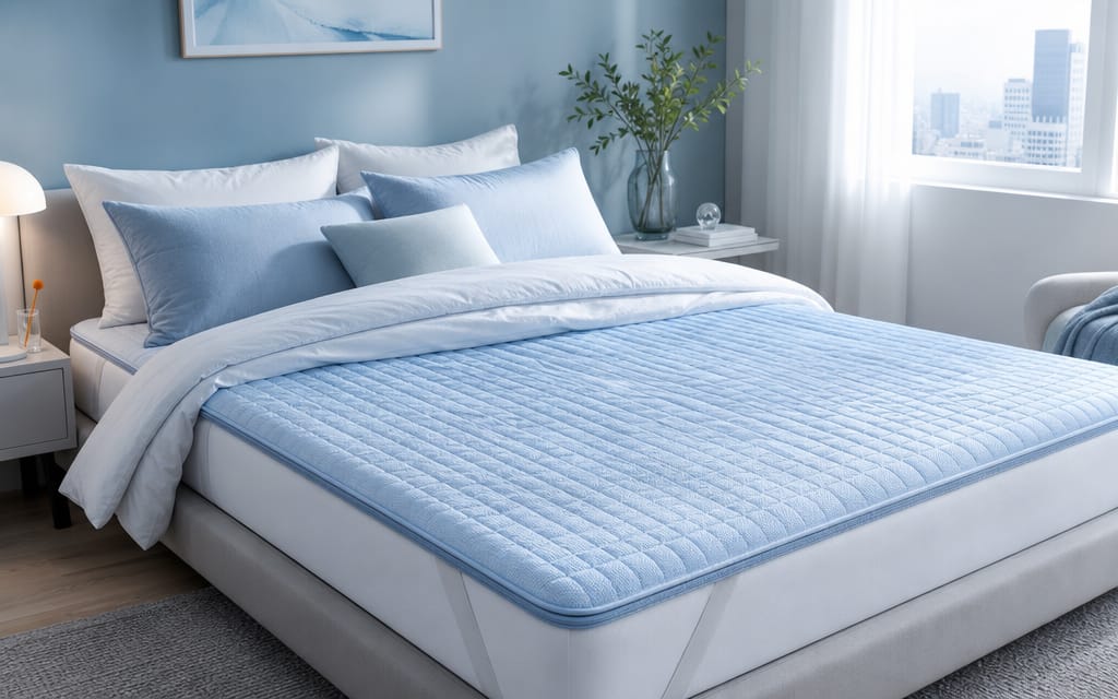 Bedding set up with a cooling mattress pad to lower body temperature