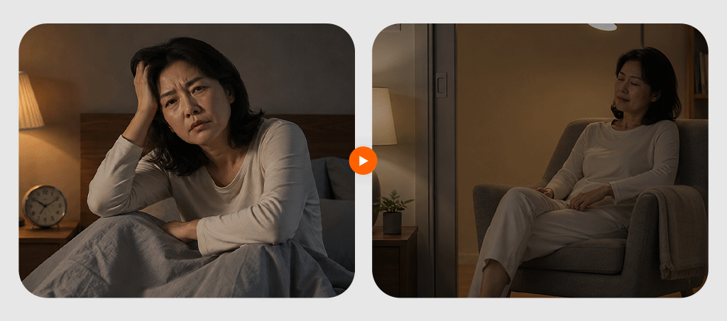 A middle-aged menopausal woman getting out of bed to move to another room when unable to fall back asleep