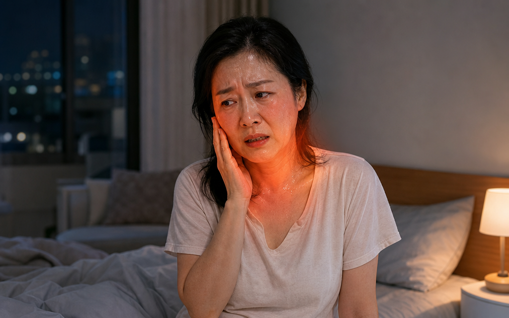 야간에 갑작스러운 열감으로 얼굴을 만지며 당황해하는 중년 여성