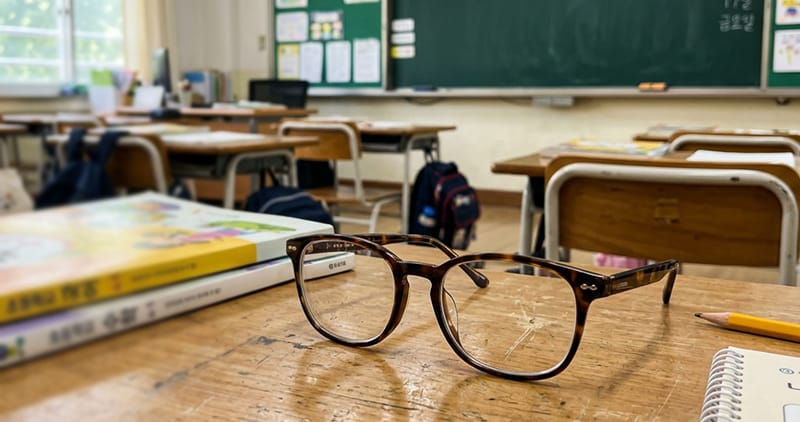 A classroom desk with an open book and eyeglasses in front of a blackboard