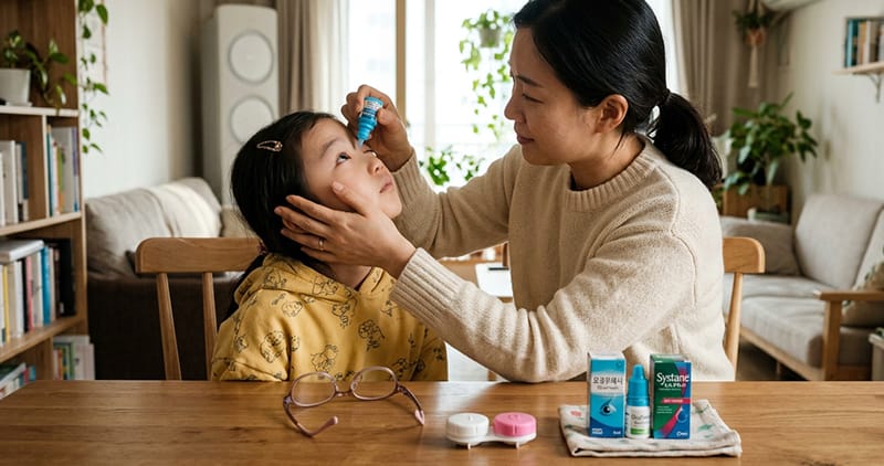A parent administering eye drops to a child's eyes
