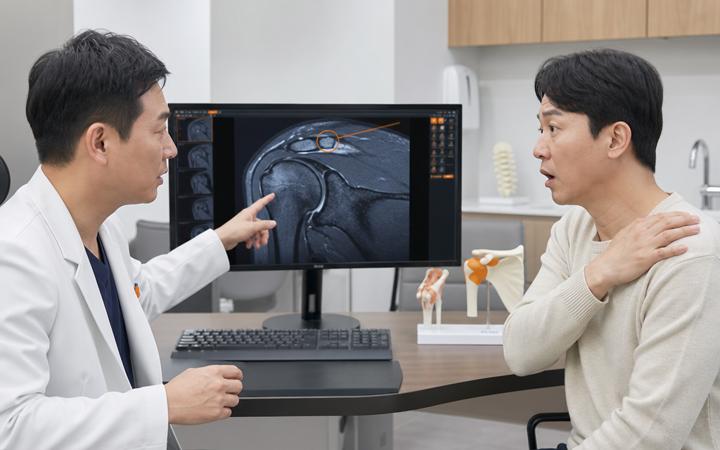 A surprised patient in their 40s listening to a doctor explaining their shoulder MRI scan results