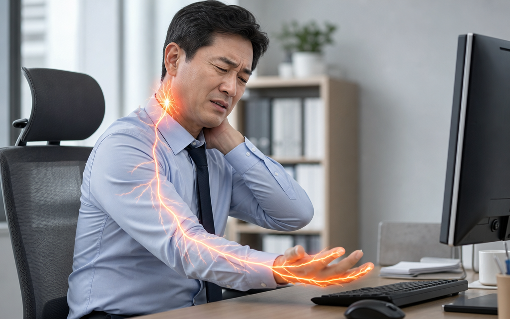 A patient in their 40s or 50s feeling a sharp, tingling pain radiating from their neck down to their fingers