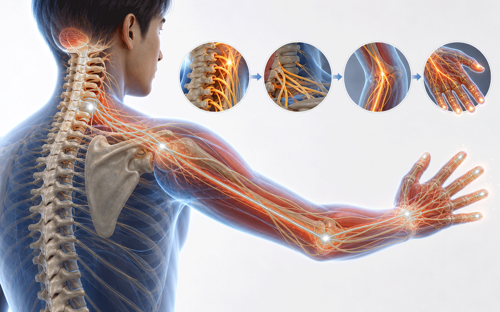 A medical illustration showing nerve pathways and pain signals traveling from the cervical spine down to the shoulder, arm, and fingers