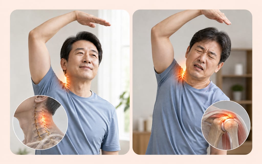 An illustration comparing diagnostic methods to differentiate between cervical disc herniation and shoulder diseases