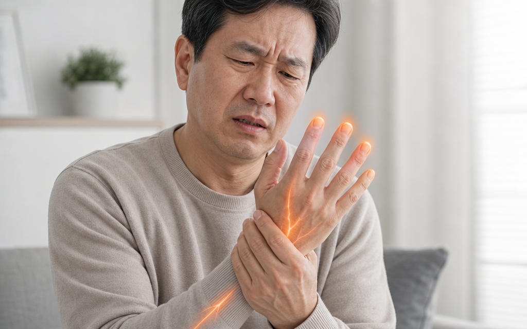 A patient in their 40s or 50s holding their tingling, numb fingers with an uncomfortable expression