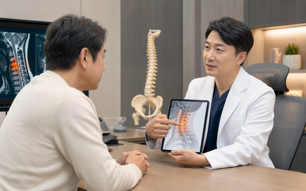 A patient in their 40s or 50s receiving an examination from an orthopedic doctor in a consultation room