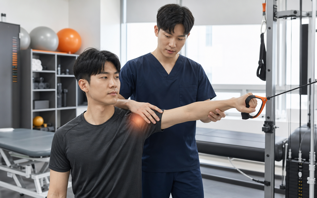 기능회복을 위해 재활 치료를 진행하고 있는 물리치료사와 2030 남성
