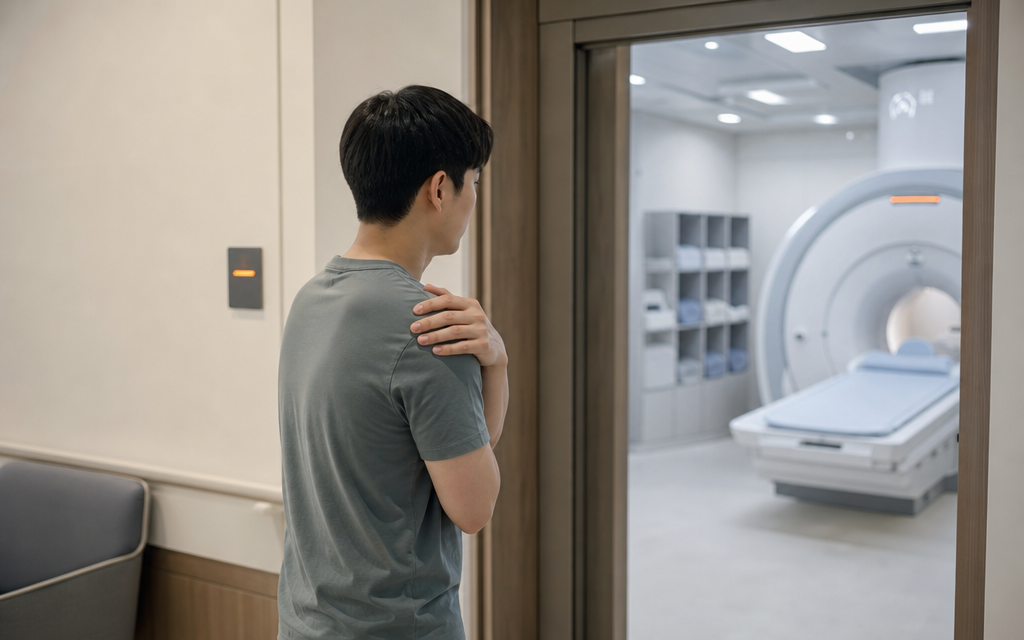 A shoulder pain patient hesitating in front of a hospital medical imaging room