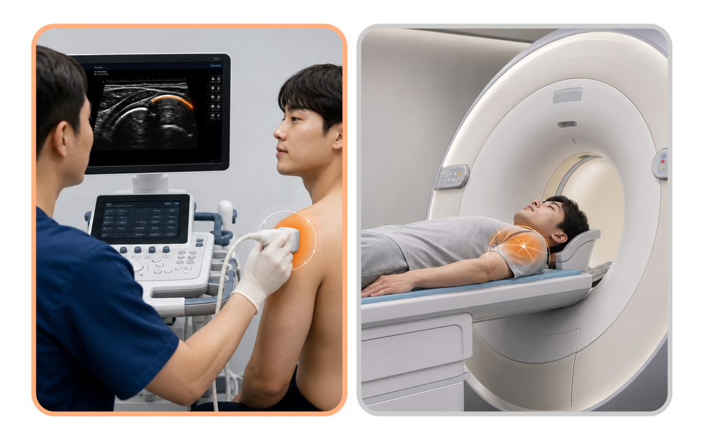 A split image comparing a patient undergoing a shoulder ultrasound exam and another undergoing an MRI scan