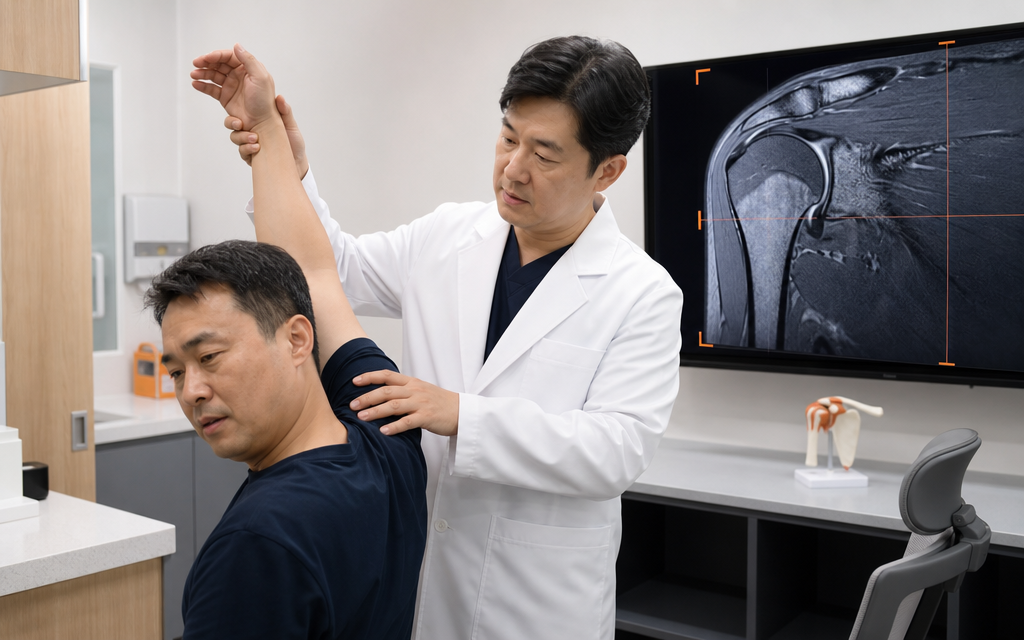 A doctor lifting a patient's arm to evaluate shoulder function, with an MRI scan result displayed on a screen in the background