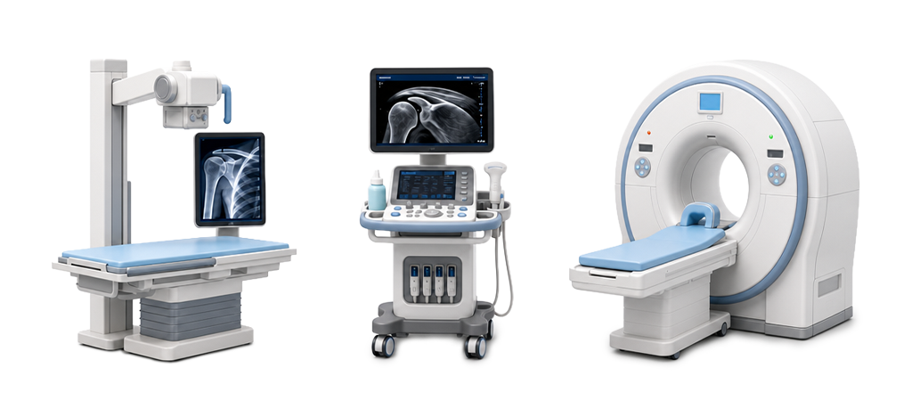 An image showing an X-ray machine, an ultrasound scanner, and an MRI machine in sequence
