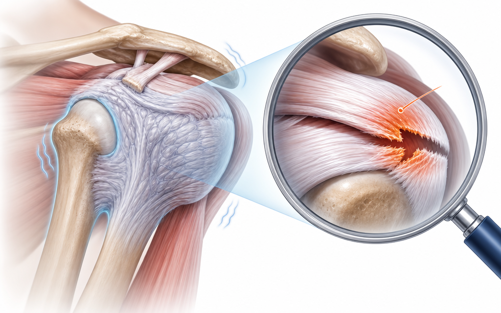 An illustration of a magnifying glass placed over a frozen shoulder, revealing a hidden rotator cuff tear