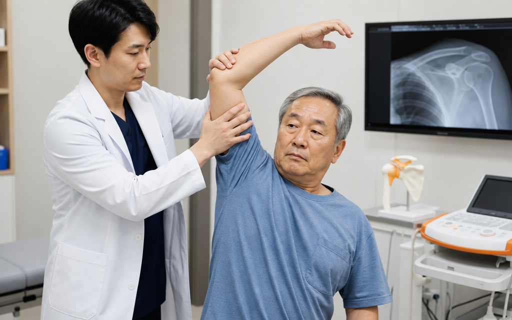 An orthopedic doctor performing a physical exam by lifting a patient's arm to test shoulder range of motion