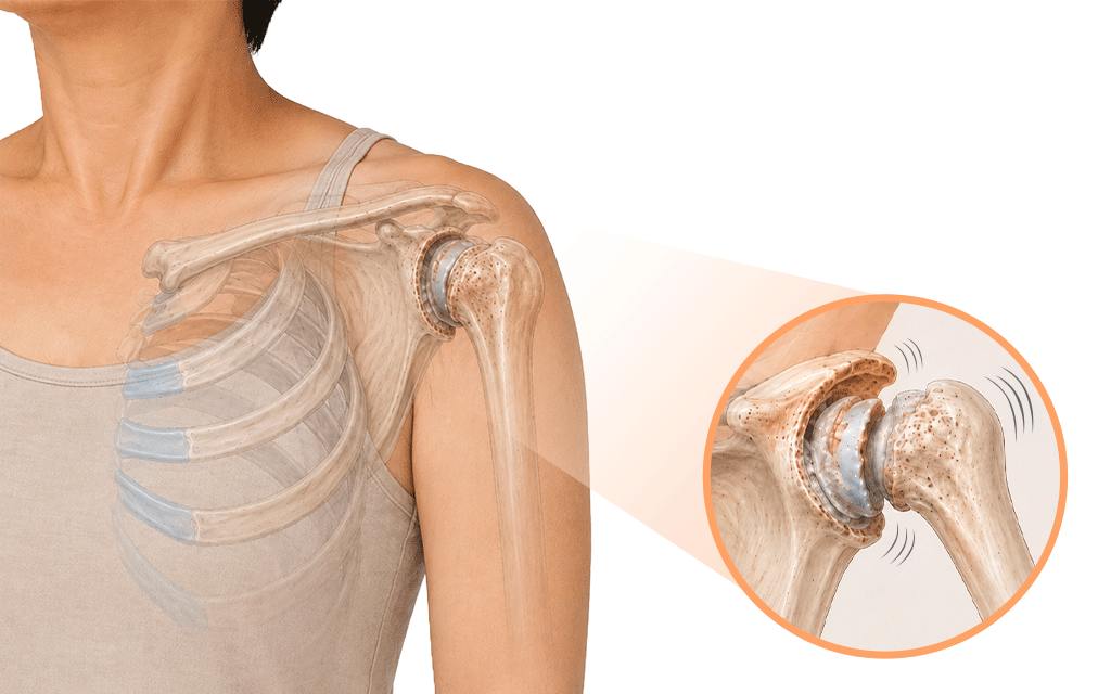 A medical illustration demonstrating shoulder joint crepitus caused by cartilage wear during movement