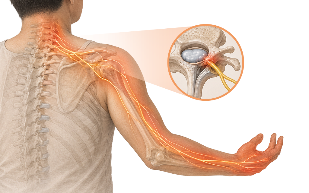 A medical illustration depicting cervical radiculopathy with nerve irritation radiating toward the shoulder