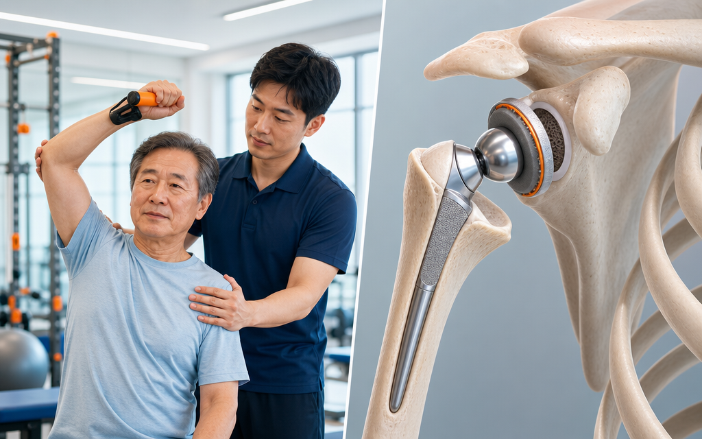 A visual comparison illustrating conservative treatment options versus shoulder joint replacement surgery